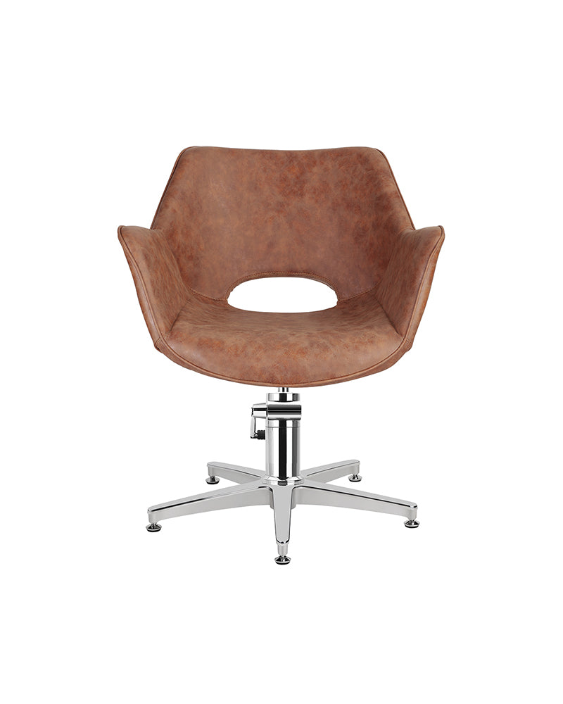 Chloe Tan - Brown hairdressing chair - Chrome cross foot